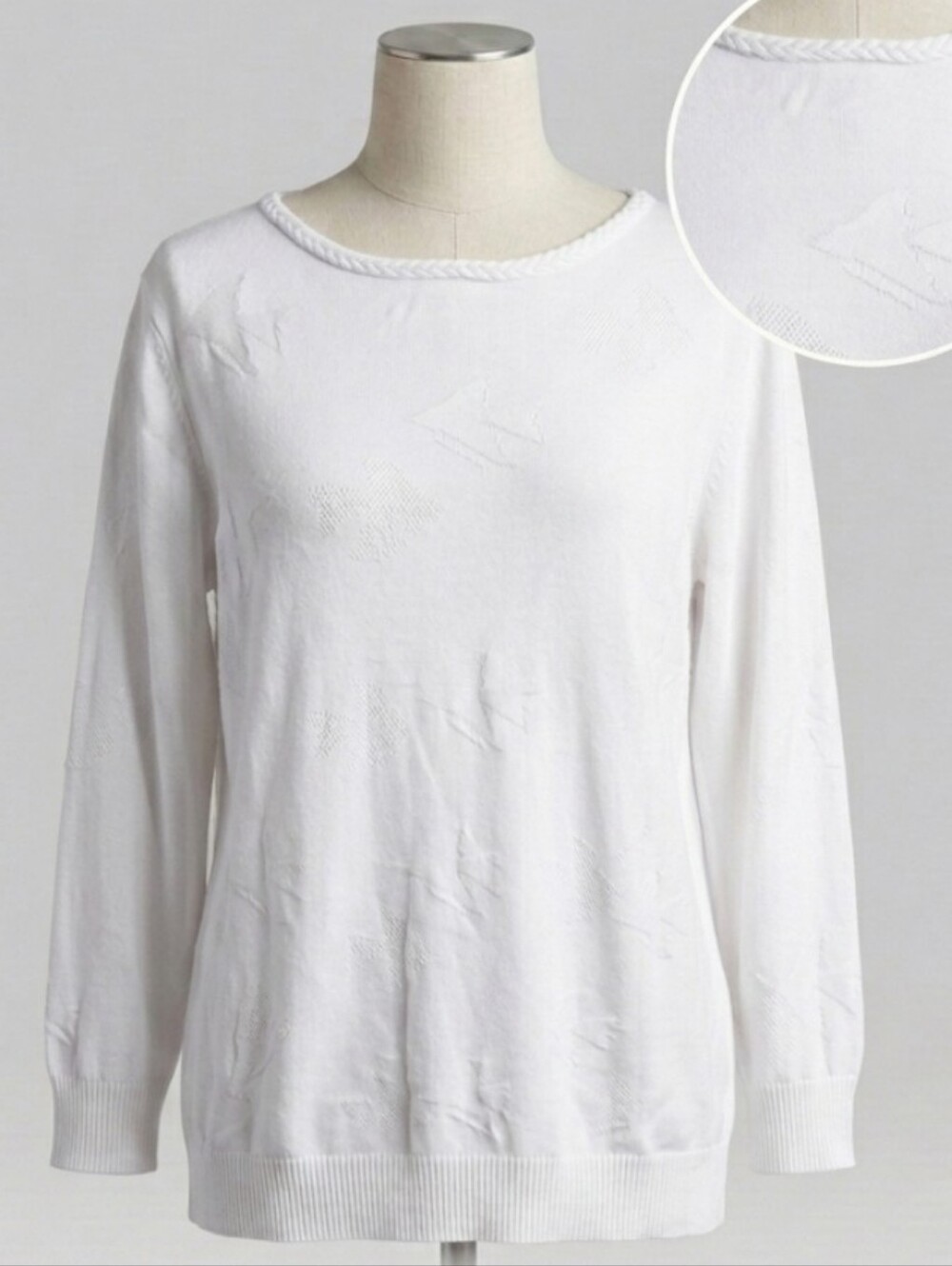 Talbots White Cotton Fish Pattern Top Long Sleeve Knit Pullover Size L